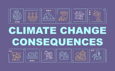 İklim değişikliğinin sonuçları, kelimenin kavramları koyu mor sancaktır. Arkaplanda doğrusal simgeler olan bilgi grafikleri. İzole tipografi. Metinli vektör rengi çizimi. Kullanılan Arial-Black yazı tipi