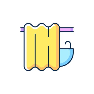 Banyo perdesi RGB renk simgesi. Banyo perdeleri askının üzerinde. Duş örtüsü. Tekstil ürünleri, ev giysileri. İzole vektör çizimi. Yerli malzeme ögesi basit doldurulmuş çizgi çizimi