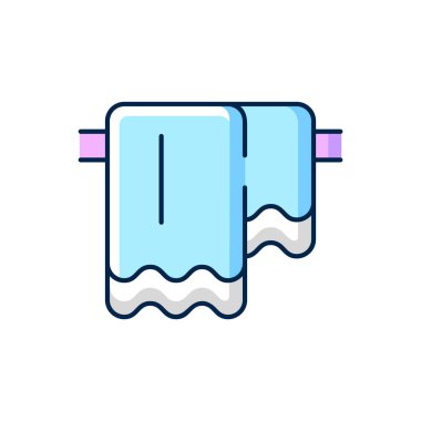 Havlu asma RGB renk simgesi. Duş için temiz mendil. Banyo perdeleri. Tekstil ürünleri, ev giysileri. İzole vektör çizimi. Yerli malzeme ögesi basit doldurulmuş çizgi çizimi.