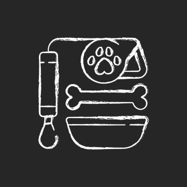 Koyu arka planda evcil hayvan kurşunu ve yiyecek tebeşiri beyaz simgesi. Hayvan ürünleri satan bir dükkan. Kediler ve köpekler için erzak. Günlük rutin alışveriş ve yaşam tarzı. Siyah üzerine izole edilmiş vektör çizimi