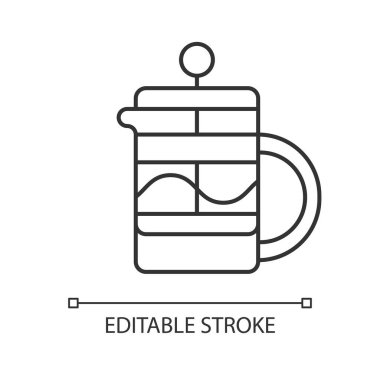 French press linear icon. Kitchen utensil for preparing coffee and tea. Barista accessories. Thin line customizable illustration. Contour symbol. Vector isolated outline drawing. Editable stroke