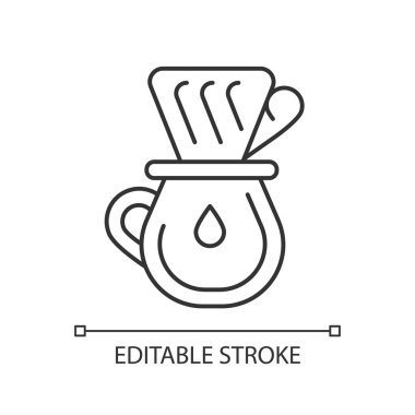 Drip coffee linear icon. Filter for brewing espresso. Utensils for coffee. Barista accessories. Thin line customizable illustration. Contour symbol. Vector isolated outline drawing. Editable stroke