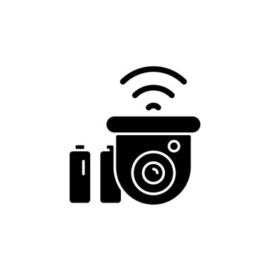 Kablosuz açık hava güvenlik kamerası siyah sembol. Kısıtlı ve kablosuz erişimi olmayan yerler için çözüm. Kendi güç kaynağını kullanarak. Beyaz uzayda siluet sembolü. Vektör izole illüstrasyonu