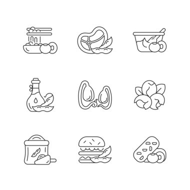 Soya bitkisi doğrusal simgeleri ayarlandı. Organik sebze yetiştiriyor. Sağlıklı yemekler hazırlanıyor. Özelleştirilebilir ince çizgi şekilleri. İzole vektör çizimi çizimleri. Düzenlenebilir vuruş