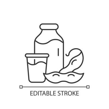 Soya sütünün doğrusal simgesi. Bitki bazlı süt. Fasulye öğütüyorum. Vejetaryen içecek tipleri. İnce çizgi özelleştirilebilir illüstrasyon. Contour sembolü. Vektör izole çizim. Düzenlenebilir vuruş
