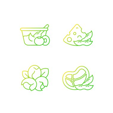 Soy ingredients gradient linear vector icons set. Organic vegetables in meal. Soybean cooking options. Thin line contour symbols bundle. Isolated vector outline illustrations collection