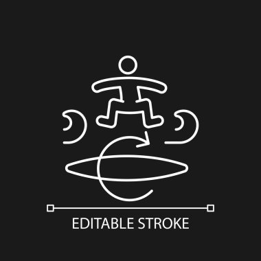 Kickflip sörf tekniği koyu tema için beyaz doğrusal simge. Sörf tahtasında fiske numarası yap. İnce çizgi özelleştirilebilir illüstrasyon. Gece modu için izole vektör kontur sembolü. Düzenlenebilir vuruş