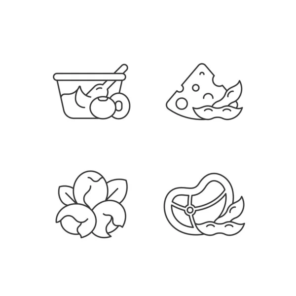 Soy Ingredients Linear Icons Set Vegetarian High Nutrition Foods Preparation — 图库矢量图片