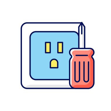 Priz onarımı RGB renk simgesi. Elektrik prizleri ve prizler. Voltaj testi. Aygıt bağlantısı. Hasarlı kablolar tamir ediliyor. İzole vektör çizimi. Yangın tehlikesini önleme basit doldurulmuş çizgi çizimi