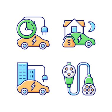 Elektrikli araç RGB renk simgelerini yüklüyor. Modern elektrikli otomobil şarj istasyonu. Ekolojik akü şarj noktası. İzole vektör çizimleri