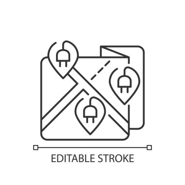EV yükleme istasyonları haritası veya ağ doğrusal simgesi. Şarj yerleri dağıtan bir iş. İnce çizgi özelleştirilebilir illüstrasyon. Contour sembolü. Vektör izole çizim. Düzenlenebilir vuruş