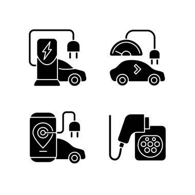Elektrikli araç beyaz uzaya siyah kabartma simgelerini yüklüyor. Adaptör ve dönüştürücü elektromobil için şarj ediliyor. Arabanın aküsünü şarj ediyorum. Siluet sembolleri. Vektör izole illüstrasyonu