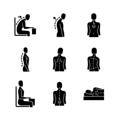 Back and posture problems black glyph icons set on white space. Slouched position at desk. Roundback, hunchback. Spine natural curvature. Silhouette symbols. Vector isolated illustration clipart