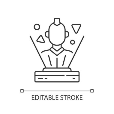 Hologram siyah sembol. Yenilikçi etkileşimli sistem. Cyborg avatarı. Cyberpunk, bilim kurgu oyunu. İnce çizgi özelleştirilebilir illüstrasyon. Contour sembolü. Vektör izole çizim. Düzenlenebilir vuruş