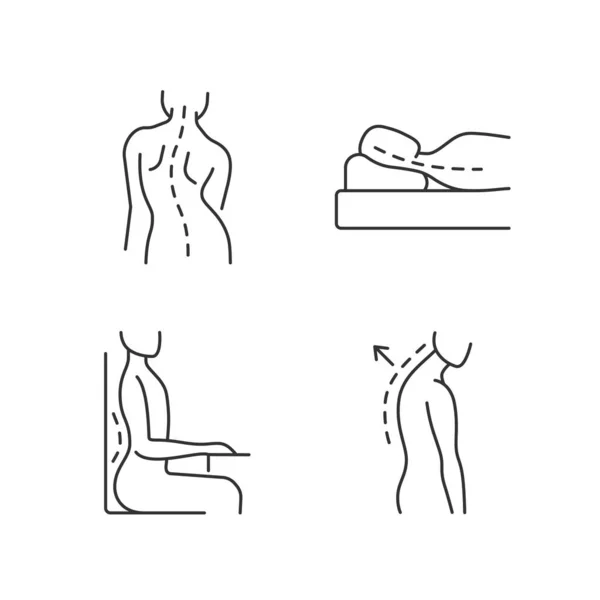 Problèmes Posture Mal Réglés Icônes Linéaires Scoliose Dormir Tête Haute — Image vectorielle