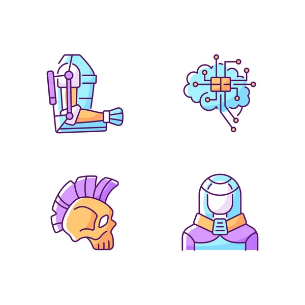 Set Icone Colori Rgb Potenziamenti Cyberpunk Esoscheletro Innovativo Microcircuito Cerebrale — Vettoriale Stock