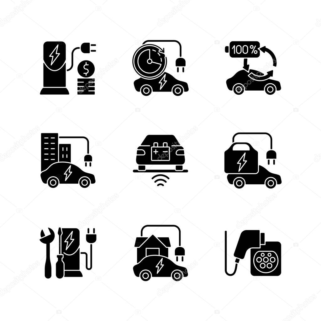 Electric vehicle charging black glyph icons set on white space. Places where you can fill up battery of electromobile. Paying money for electricity. Silhouette symbols. Vector isolated illustration