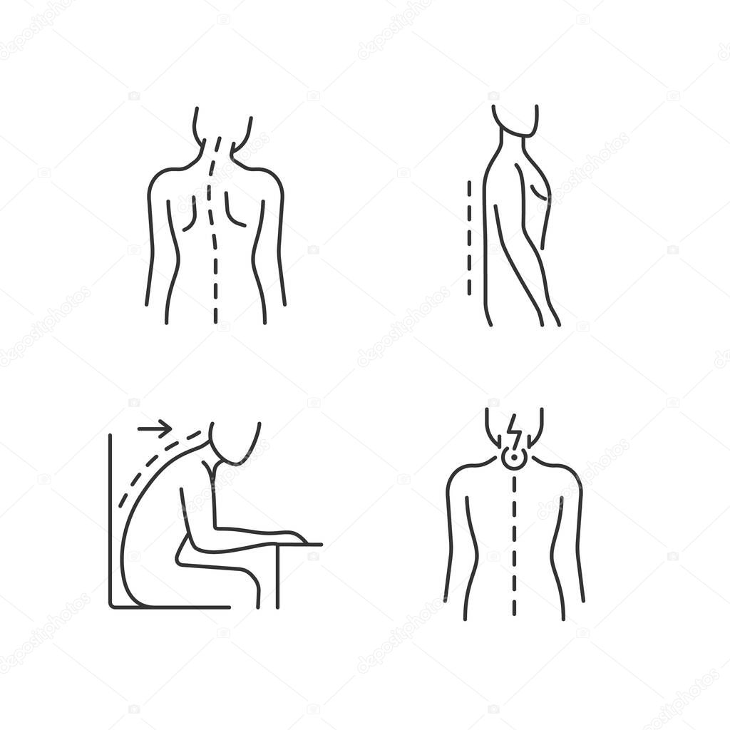 Bad posture problems linear icons set. Head tilt. Flatback syndrome. Slouching. Neck pain. Customizable thin line contour symbols. Isolated vector outline illustrations. Editable stroke