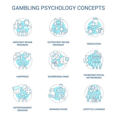Kumar psikolojisi turkuaz konsept simgeleri. Zihinsel sorunlar. Tedavi ve üstün fikir ince çizgi renk çizimleri. İzole ana hatlı çizimler. Kullanılan Roboto-Orta, Myriad Pro-Kalın yazı tipleri