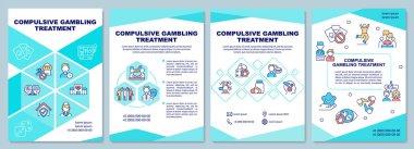 Kompülsif kumar tedavisi turkuaz broşür. Doğrusal simgeli kitapçık baskı tasarımı. Sunum için vektör planları, yıllık raporlar, reklamlar. Arial-Black, Kullanılan Myriad Pro-Normal yazı tipleri