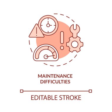 Bakım sorunları kırmızı konsept simgesi. Kırsal elektriklendirme soyut fikir ince çizgi çizimini engelliyor. İzole bir taslak çizim. Düzenlenebilir felç. Kullanılan Roboto-Orta, Myriad Pro-Kalın yazı tipleri