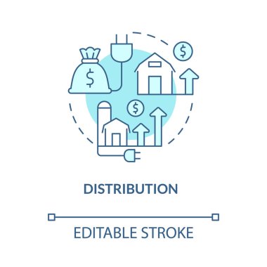 Dağıtım turkuvaz konsept simgesi. Kırsal elektrik çarpması fikri soyut ince çizgi çizimi. İzole bir taslak çizim. Düzenlenebilir felç. Kullanılan Roboto-Orta, Myriad Pro-Kalın yazı tipleri