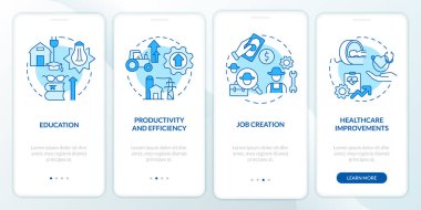 Kırsal elektriklendirme ekonomik fayda mavi mobil uygulama ekranda. Doğrusal kavramlarla dolu dört adımda grafik talimatları uygula. UI, UX, GUI şablonu. Kullanılan sayısız Pro-Kalın, Düzenli yazı tipleri