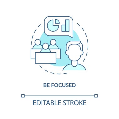 Turkuaz konsept simgesine odaklan. Konferansta soyut fikirlere aktif katılım ince çizgi çizimi. Halka konuşma. İzole bir taslak çizim. Düzenlenebilir felç. Arial, Myriad Pro-Kalın yazı tipleri