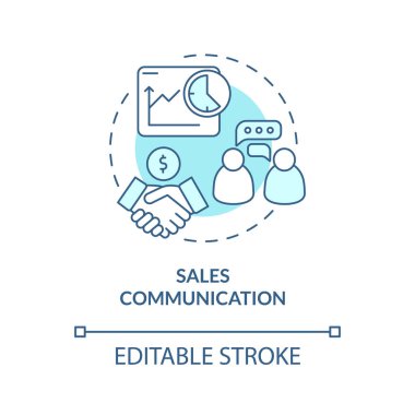 Satış iletişimi turkuaz konsept simgesi. Satış yetenekleri soyut fikir ince çizgi çizimi. İş görüşmesi. İzole bir taslak çizim. Düzenlenebilir felç. Arial, Myriad Pro-Kalın yazı tipleri