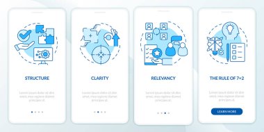 İş iletişimi için mobil uygulama ekranında mavi olması gerekiyor. Doğrusal kavramlarla dolu dört adımda grafik talimatları uygula. UI, UX, GUI şablonu. Kullanılan sayısız Pro-Kalın, Düzenli yazı tipleri
