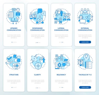 Mobil uygulama ekranında işyeri iletişimi mavisi. Doğrusal kavramlarla dolu dört adımda grafik talimatları uygula. UI, UX, GUI şablonu. Kullanılan sayısız Pro-Kalın, Düzenli yazı tipleri