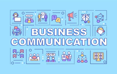İş iletişimi kelimesi mavi afiş içerir. İş ilişkileri. Arkaplanda doğrusal simgeler olan bilgi grafikleri. İzole tipografi. Metinli vektör rengi çizimi. Kullanılan Arial-Black yazı tipi