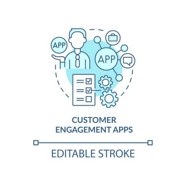Müşteri ilişkileri uygulamaları turkuaz konsept ikonu. Müşteri hizmetleri başvurusu. Web soyut fikri ince çizgi çizimi. İzole bir taslak çizim. Düzenlenebilir felç. Arial, Myriad Pro-Kalın yazı tipleri
