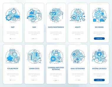 Web 3-0 mavi mobil uygulama ekran seti. Düşük kod çözeltisi 5 basamaklı grafik talimatları sayfaları doğrusal kavramlarla yürür. UI, UX, GUI şablonu. Kullanılan sayısız Pro-Kalın, Düzenli yazı tipleri