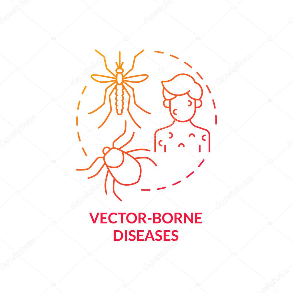 Vector borne diseases red gradient concept icon. Climate change and health abstract idea thin line illustration. Isolated outline drawing. Editable stroke. Roboto-Medium, Myriad Pro-Bold fonts used