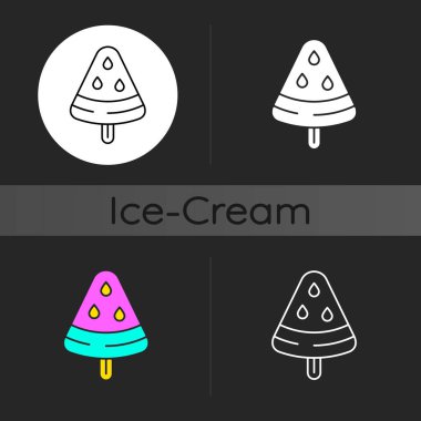 Vegan frozen treat dark theme icon. Watermelon on stick. Popsicles. Non-cow milk ingredients. Dairy-free ice cream. Linear white, simple glyph and RGB color styles. Isolated vector illustrations vector