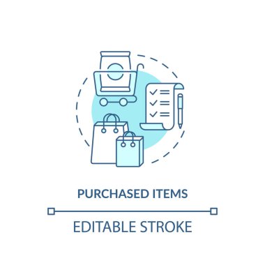 Satın alınan nesneler konsept simgesi. Müşteri davranış kalıbı fikri ince çizgi çizimi. Tüketici siparişi. Özel eşyaları, mülkleri satmak. Vektör izole edilmiş RGB renk çizimi. Düzenlenebilir vuruş