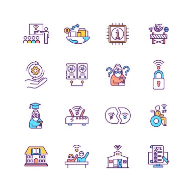 Dijital ekleme RGB renk simgeleri ayarlandı. Dijitalleşme ve yenilik yararları. Bilgi ve iletişim teknolojisi. Sosyal hizmetlerle çevrimiçi bağlantı. İzole vektör çizimleri