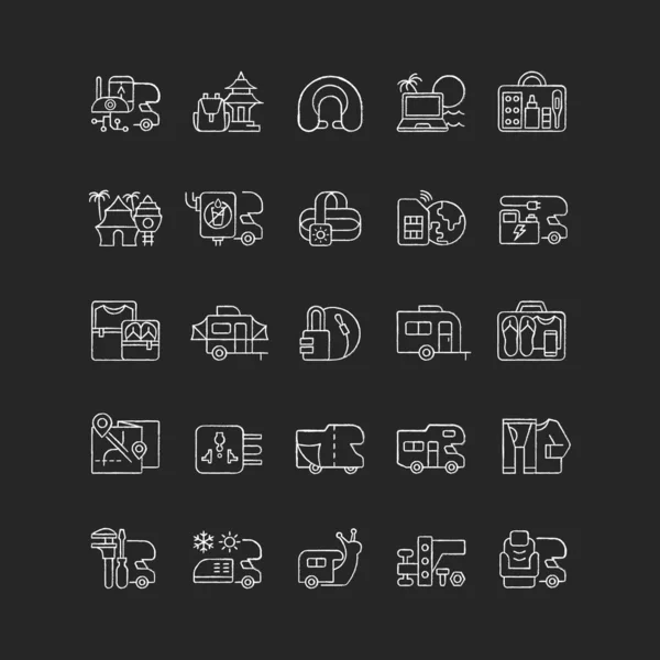 Кочові Канікули Крейдяні Білі Ікони Встановлені Чорному Тлі Причіп Roadtrip — стоковий вектор