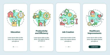 Gezici uygulama ekranında kırsal elektriklendirme ekonomik faydaları. Doğrusal kavramlarla dolu dört adımda grafik talimatları uygula. UI, UX, GUI şablonu. Kullanılan sayısız Pro-Kalın, Düzenli yazı tipleri