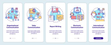 İş iletişimi mobil uygulama ekranında oluşur. Doğrusal kavramlarla dolu 5 aşamalı grafik talimat sayfaları yazdığını rapor et. UI, UX, GUI şablonu. Kullanılan sayısız Pro-Kalın, Düzenli yazı tipleri