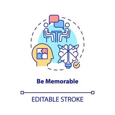 Unutulmaz bir konsept ikonu ol. Ticari iletişim kuralı soyut fikir ince çizgi çizimi. Akılda kalıcı bir izlenim bırakıyor. İzole bir taslak çizim. Düzenlenebilir felç. Arial, Myriad Pro-Kalın yazı tipleri