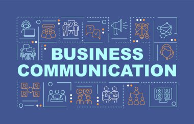 Kurumsal iletişim kelimesi koyu mavi bayrak kavramını içerir. Halkla ilişkiler. Arkaplanda doğrusal simgeler olan bilgi grafikleri. İzole tipografi. Metinli vektör rengi çizimi. Kullanılan Arial-Black yazı tipi