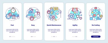 Mobil uygulama ekranında kod bulunmamasının avantajları. Web 3-0 gezintisi 5 adım grafik talimatları sayfaları doğrusal kavramlarla. UI, UX, GUI şablonu. Kullanılan sayısız Pro-Kalın, Düzenli yazı tipleri