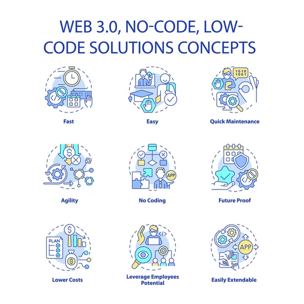 Web Conjunto Ícones Conceito Desenvolvimento Software Fácil Nenhuma Ideia Soluções — Vetor de Stock