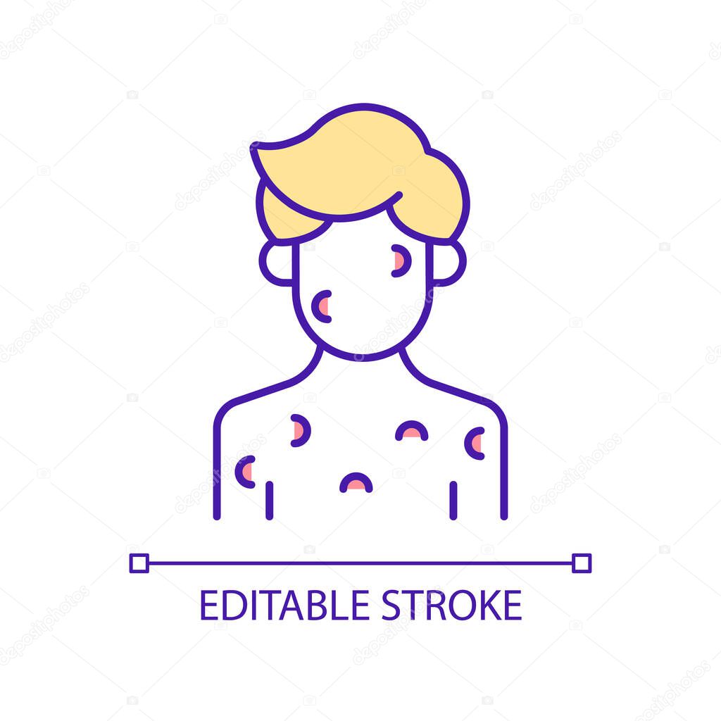 Skin disorder RGB color icon. Sign and symptom of disease. Dermatological illness. Rash treatment. Isolated vector illustration. Simple filled line drawing. Editable stroke. Arial font used