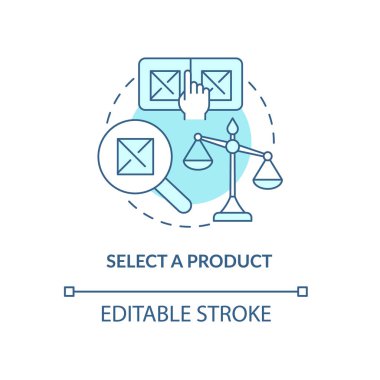 Ürün turkuaz konsept simgesini seçin. Ticaret için mal seç. Ticari soyut fikirleri ince çizgi illüstrasyonuna başlayın. İzole bir taslak çizim. Düzenlenebilir felç. Arial, Myriad Pro-Kalın yazı tipleri