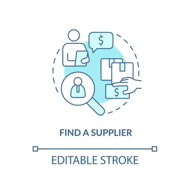 Tedarikçi turkuaz konsept simgesi bul. Üretici, dağıtımcı. Ticari fikirleri, ince çizgi çizimlerini ihraç et. İzole bir taslak çizim. Düzenlenebilir felç. Arial, Myriad Pro-Kalın yazı tipleri