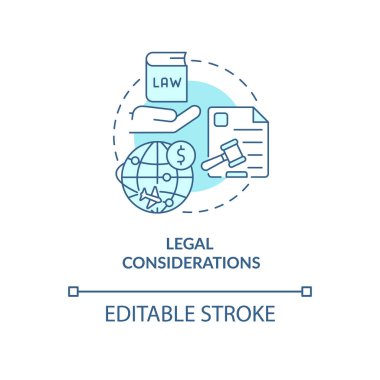 Yasal hususlar turkuaz konsept ikonu. Ticari ipuçları ihraç etmek soyut fikir ince çizgi çizim. İzole bir taslak çizim. Düzenlenebilir felç. Arial, Myriad Pro-Kalın yazı tipleri
