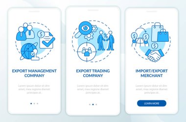 Mobil uygulama ekranında ithalat ve ihracat sektörü mavisi tipleri. Doğrusal kavramlarla dolu üç adımda grafik talimatları gözden geçir. UI, UX, GUI şablonu. Kullanılan sayısız Pro-Kalın, Düzenli yazı tipleri